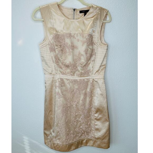 BCBGMAXAZRIA Tan Satin & Floral Lace Round Neck Mini Dress 6 - Picture 2 of 13